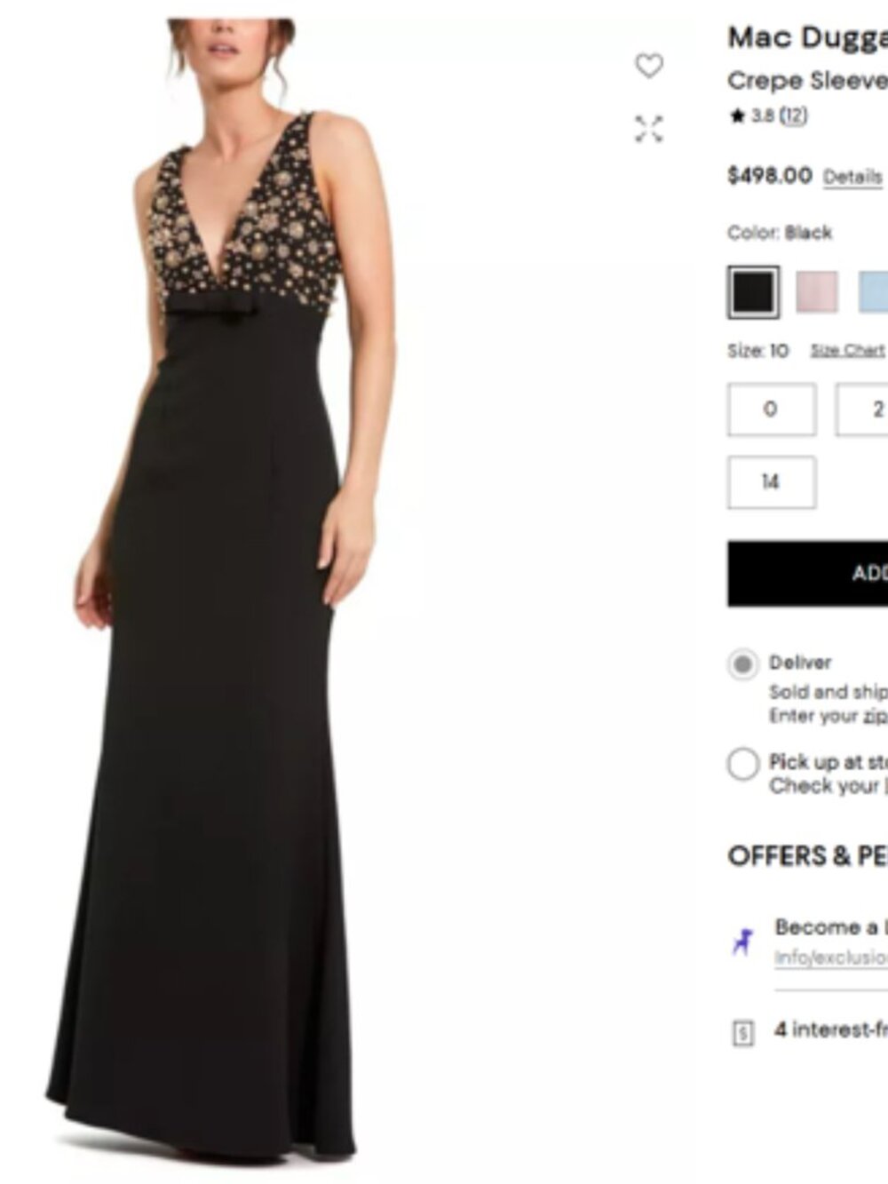 Mac Duggal Crepe Sleeveless Beaded V Neck Gown with Bow Black Size 10